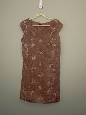 Cap-Sleeve Embroidered Linen Mini Dress in Mauve XL